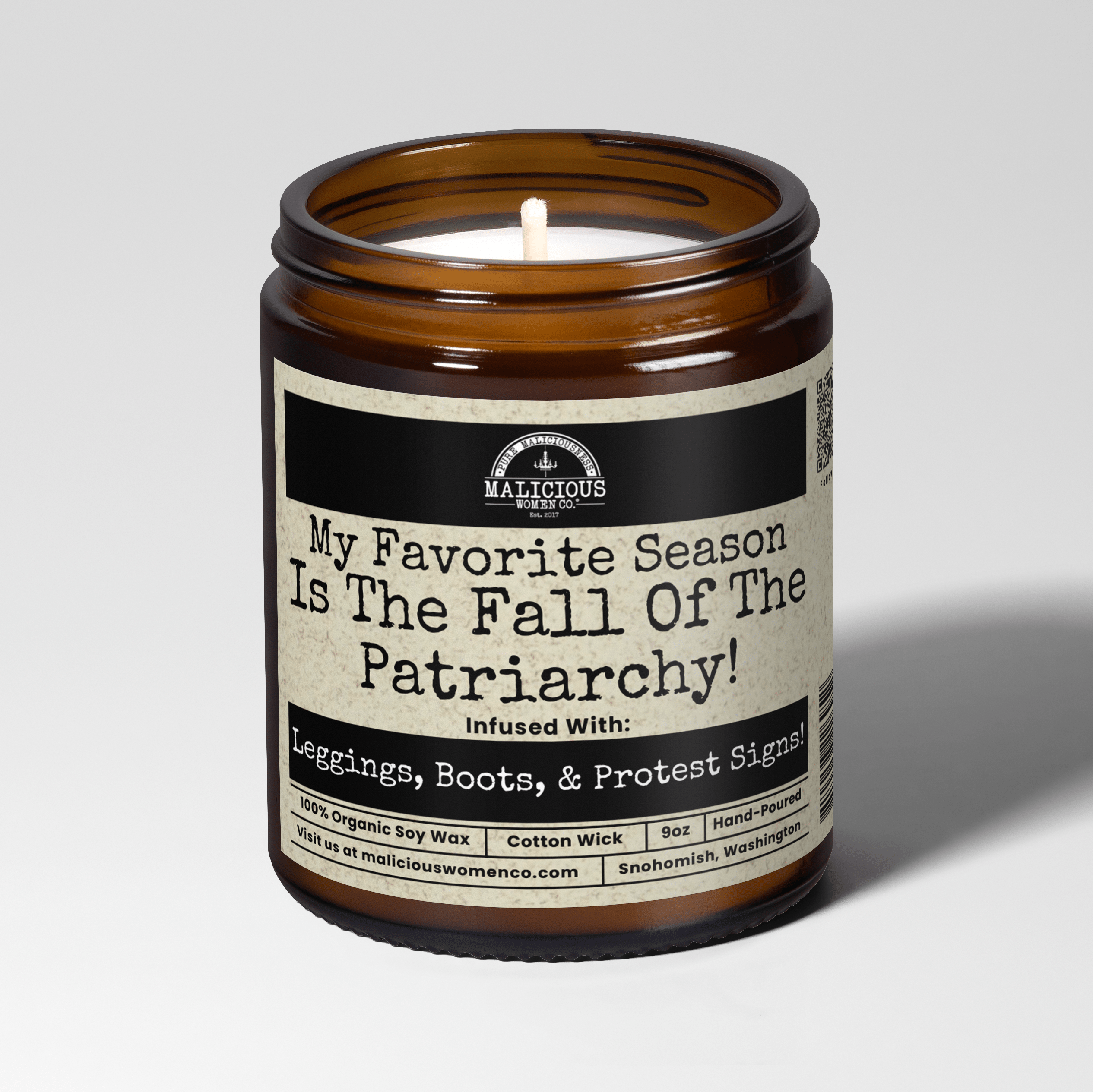 My Favorite Season Is The Fall Of The Patriarchy - Infused with "Leggings, Boots & Protest Signs" 9oz Political Candle Malicious Women Co - Malicious Women Co. - Candles